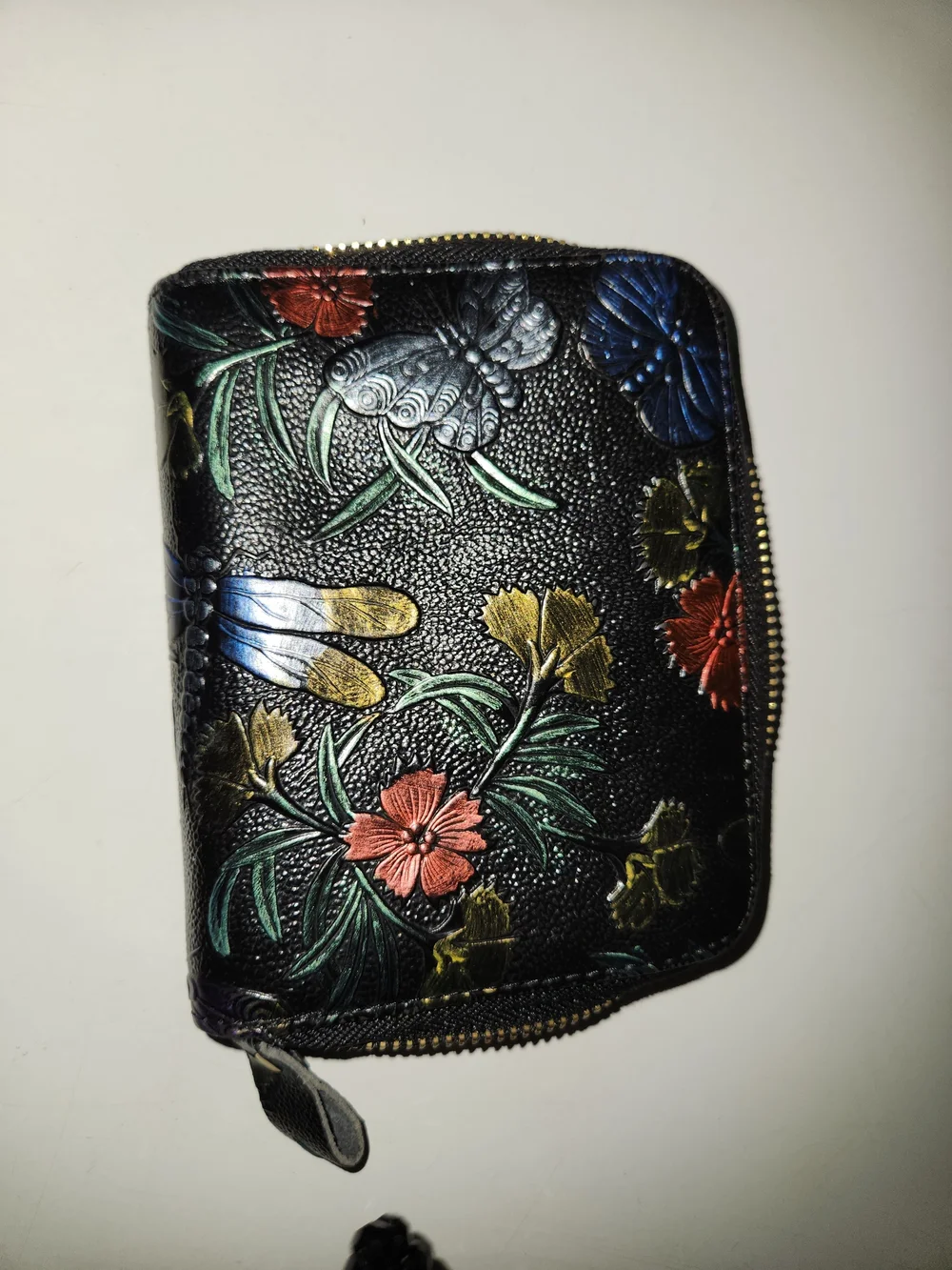 Black Floral Embossed Zip Wallet - Women's Floral Leather Card Holder